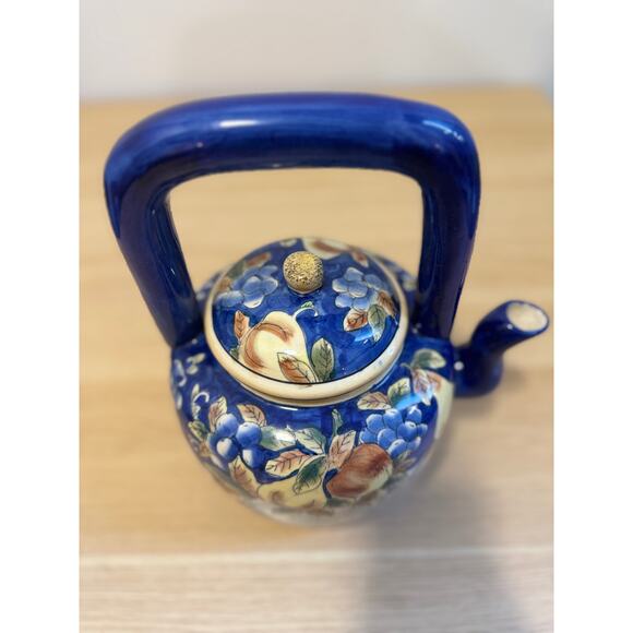 Ceramic Teapot Cobalt Blue Yellow Pears VINTAGE - Picture 7 of 7